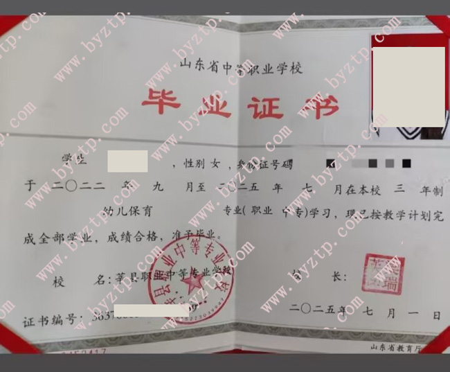 莘县职业中等专业学校中专毕业证模板样本