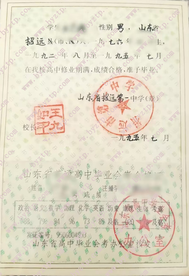 招远市第一中学高中毕业证模板样本