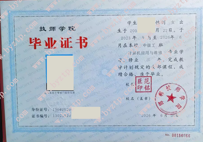 邯郸技师学院毕业证模板样本