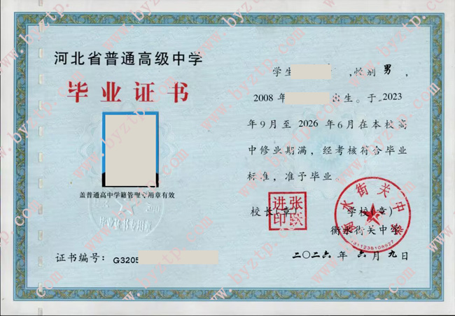 衡水街关中学高中毕业证模板样本