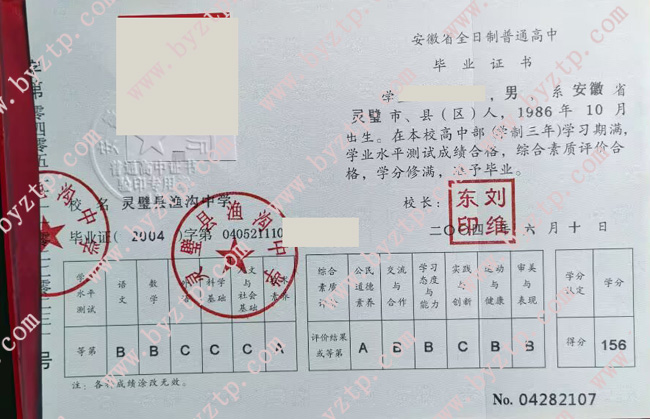 灵璧县渔沟中学高中毕业证样本模板